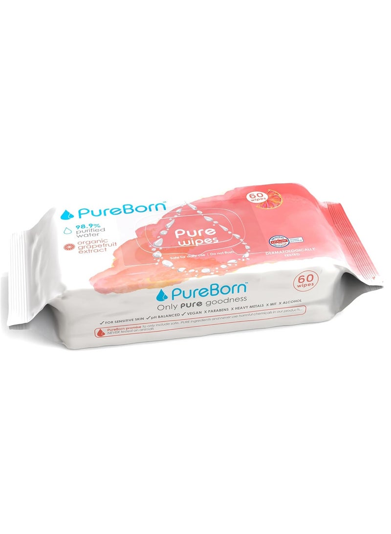 بيور بورن مناديل مبللة للأطفال من القطن العضوي النقي مع خلاصة الجريب فروت، 60 منديل - Image 1