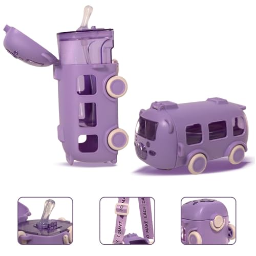 IKTU Bus Water Bottle for Kids With Strap, Sipper & Straw (500ml) | Leakproof, BPA Free With Lock | Cute Bus Shaped Tritan Bottle For Girls & Boys (Purple) - Image 2