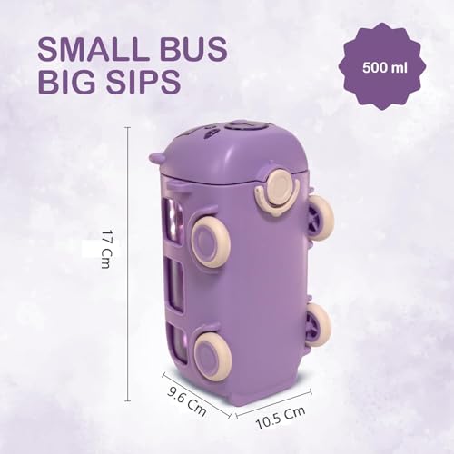 IKTU Bus Water Bottle for Kids With Strap, Sipper & Straw (500ml) | Leakproof, BPA Free With Lock | Cute Bus Shaped Tritan Bottle For Girls & Boys (Purple) - Image 4