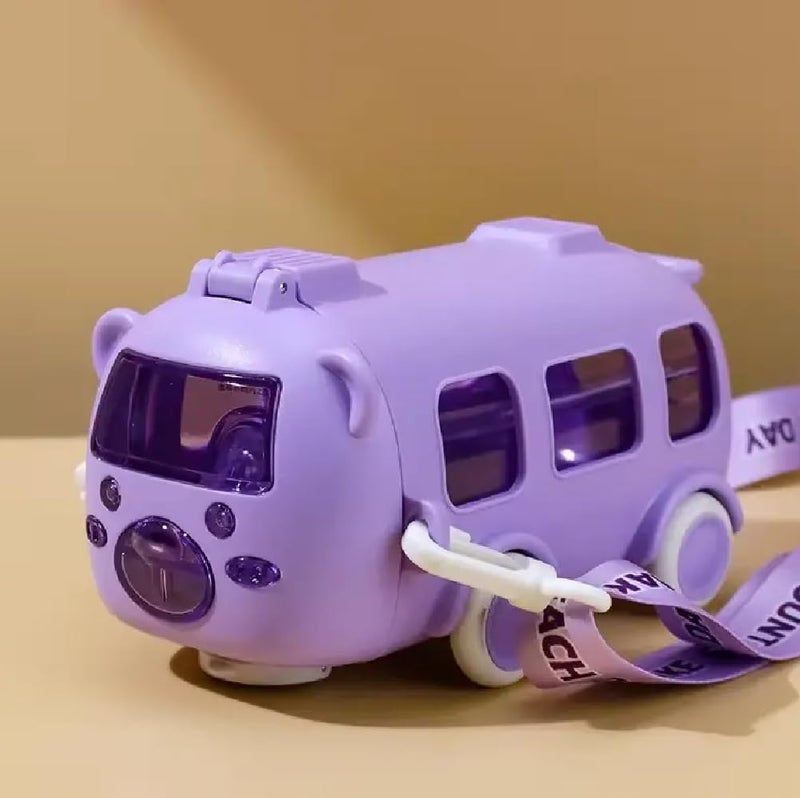 IKTU Bus Water Bottle for Kids With Strap, Sipper & Straw (500ml) | Leakproof, BPA Free With Lock | Cute Bus Shaped Tritan Bottle For Girls & Boys (Purple) - Image 1