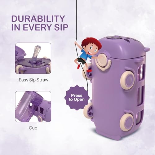 IKTU Bus Water Bottle for Kids With Strap, Sipper & Straw (500ml) | Leakproof, BPA Free With Lock | Cute Bus Shaped Tritan Bottle For Girls & Boys (Purple) - Image 5