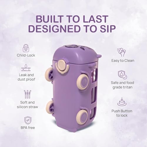 IKTU Bus Water Bottle for Kids With Strap, Sipper & Straw (500ml) | Leakproof, BPA Free With Lock | Cute Bus Shaped Tritan Bottle For Girls & Boys (Purple) - Image 3
