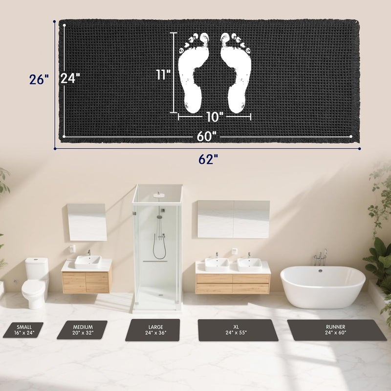 subrtex Waffle Braided Bath Mat, 24" x 60" Soft Waffle Bath Rugs, Absorbent Non Slip Bathrooom Mats, Machine Washable Area Rug for Bathroom, Quick Dry, Black - Image 2