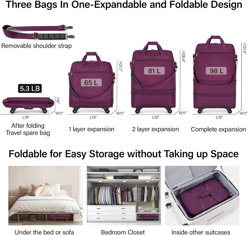 Hanke Suitcases with Wheels Expandable Foldable Luggage Bag Collapsible Rolling Travel Duffel Bag without Telescoping Handle - Image 2