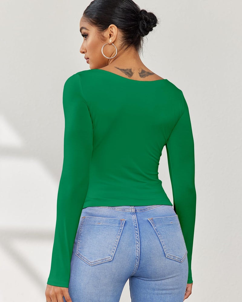 Dwnval Long Sleeve Shirts for Women - Basic Slim Fit Double Lined Square Neck Crop T Shirt(Green, M) - Image 2