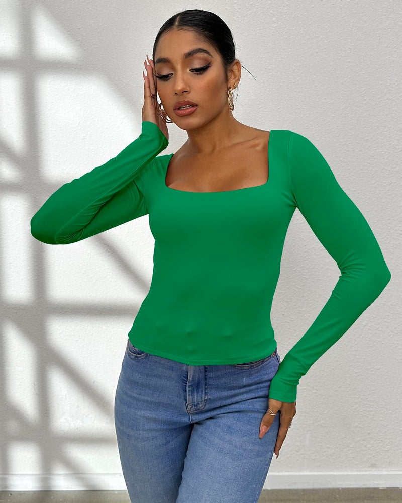 Dwnval Long Sleeve Shirts for Women - Basic Slim Fit Double Lined Square Neck Crop T Shirt(Green, M) - Image 4