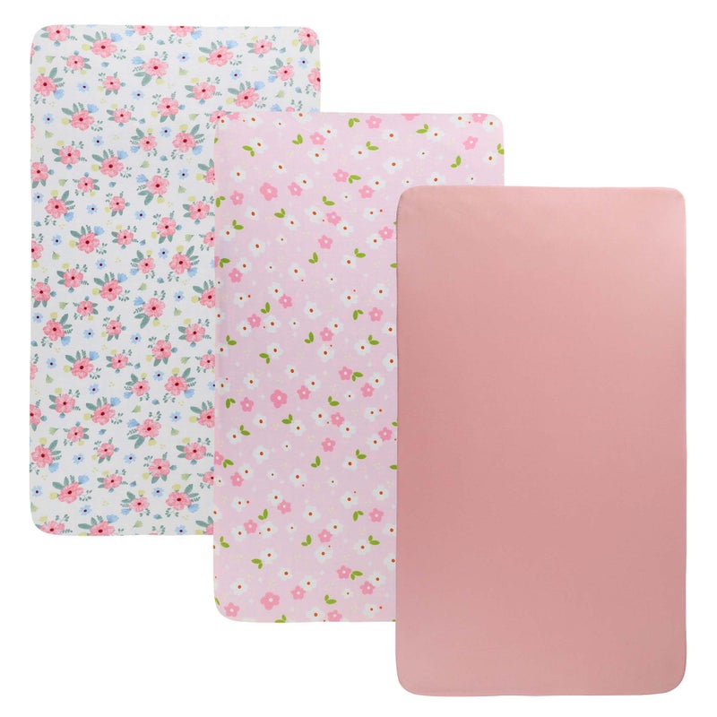 Onacosht Stretchy Bassinet Sheets 33" x 19" Compatible with Mika Micky, KoolaBaby (3 in 1), BabyBond, HARPPA and RICUTON Bedside Bassinet, 3 Pack for Baby Boy and Girl, Pink Floral - Image 1