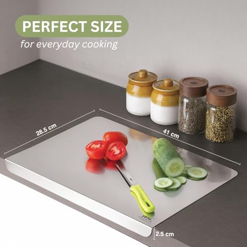 Rena Countertop Chopping Board for Kitchen & Home Use, Premium Stainless Steel Cutting Board for Vegetables, Fruits, Meat, Dough, Bread, Non-Slip Angled Grip & Rust Resistant (41 x 28.5 cms) - Image 4