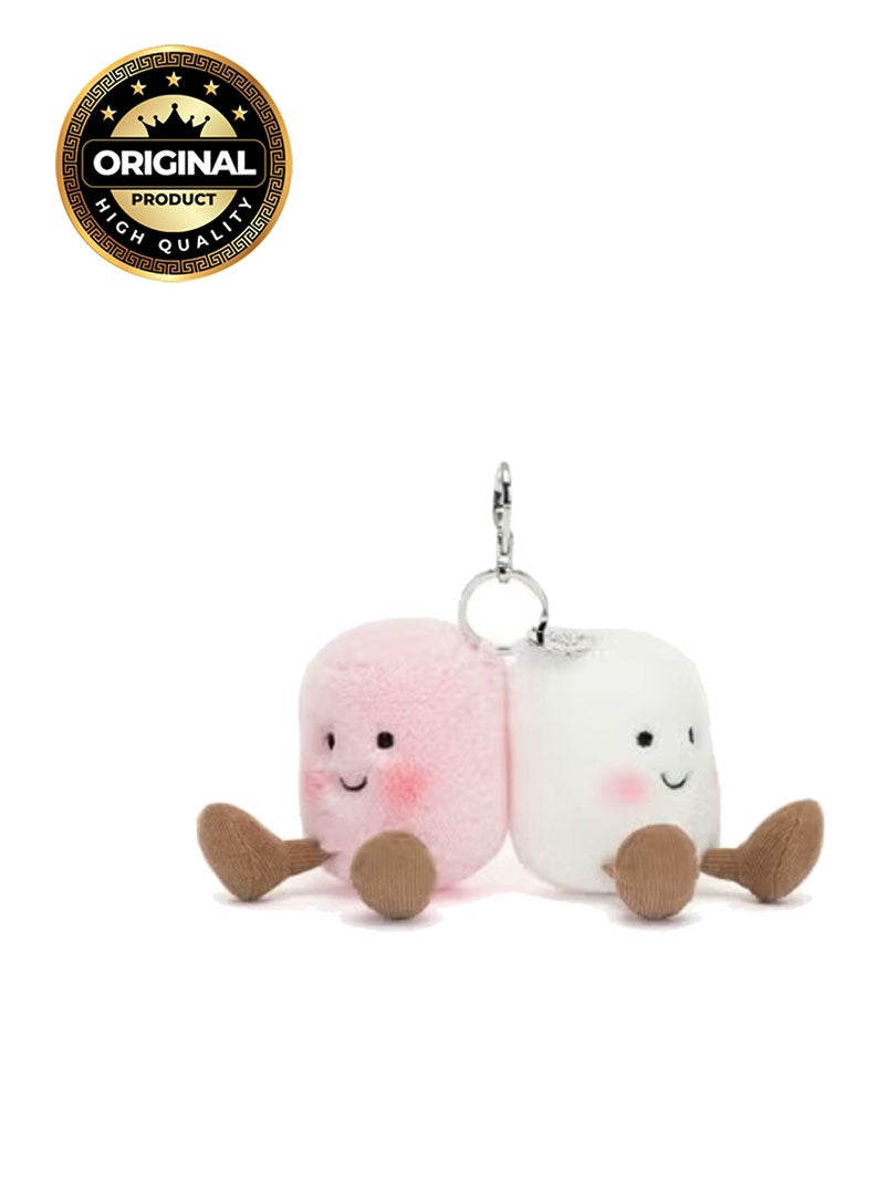 Amuseables Pair of Marshmallows Bag Charm – Cute Pink & White Plush Keychain for Bags, Backpacks, Keys – Soft Marshmallow Duo Accessory with Satin Ribbon & Metal Clasp