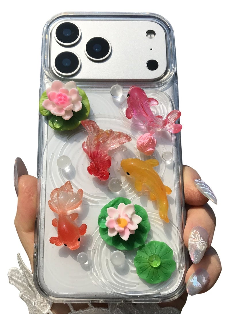 iPhone 17 Pro Max Case,Handmade Whirlpool Koi Lotus Leaf Cover Shockproof Soft TPU Protection Case - Image 1