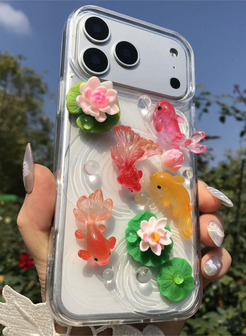 iPhone 17 Pro Max Case,Handmade Whirlpool Koi Lotus Leaf Cover Shockproof Soft TPU Protection Case - Image 5