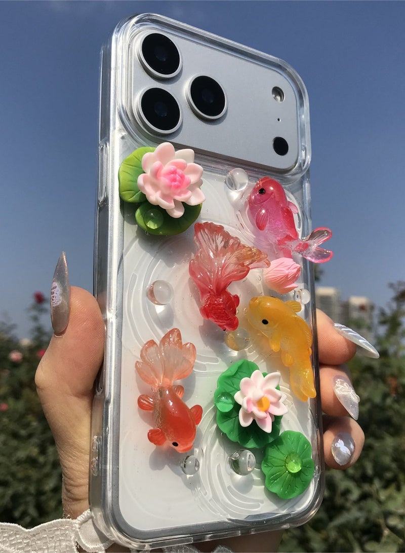 iPhone 17 Pro Max Case,Handmade Whirlpool Koi Lotus Leaf Cover Shockproof Soft TPU Protection Case - Image 2