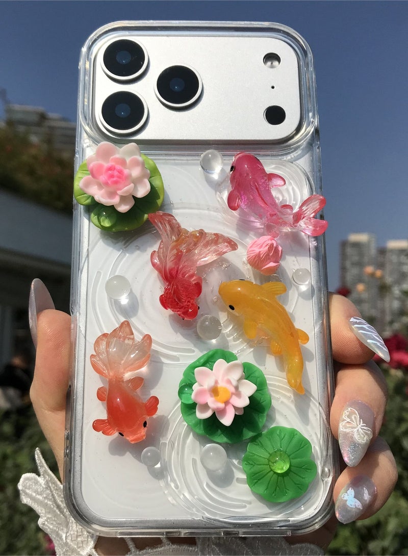 iPhone 17 Pro Max Case,Handmade Whirlpool Koi Lotus Leaf Cover Shockproof Soft TPU Protection Case - Image 3