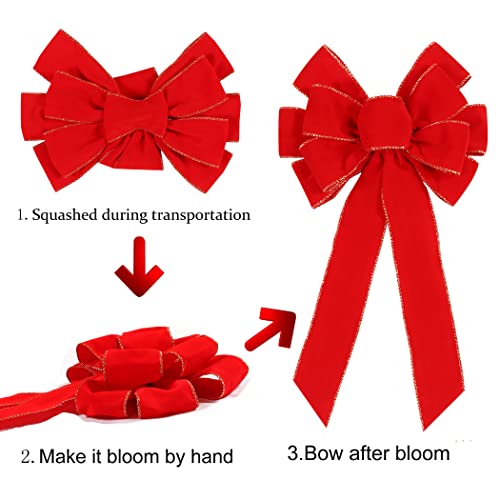 Hongsome 2 Pack Red Christmas Bows Outdoor Decorations,12”x20” Large Christmas Tree Topper Bow, Velvet Wreath Bow with Glitter Gold Edge for Xmas Home Front Door Decor - Image 4