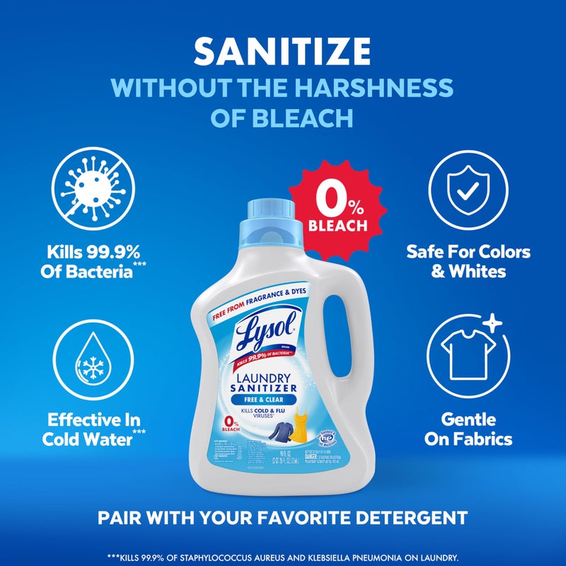 Lysol Laundry Sanitizer Additive, Free & Clear, Free from Fragrance and Dyes, 0% Bleach Laundry Sanitizer, Bacteria-causing Laundry Odor Eliminator, Unscented, 90 Fl Oz (Pack of 1) - Package May Vary - Image 5