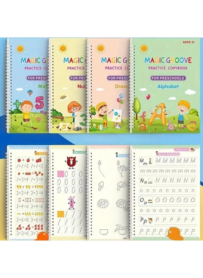 Handwriting Copybook, Magic Calligraphy Practice Book For Kids, Reusable Tracing Practice kit. Included Easy Grip Pen & Refill 4 books Math Numbers English Alphabet Drawing (A5)