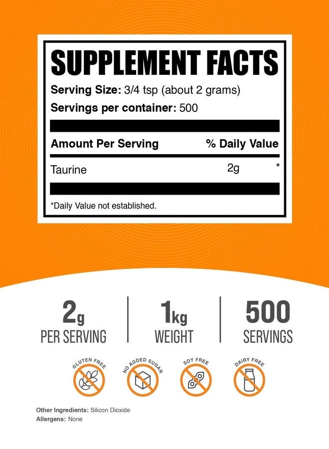 BulkSupplements.com Taurine Powder - Taurine Supplement, Amino Acid Supplement for Energy - Unflavored & Gluten Free, 2g per Serving, 1kg (2.2 lbs) (Pack of 1) - Image 2