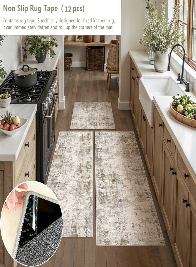 WondRg Kitchen Rug Set of 3 Washable Brown Grey Abstract Kitchen Mats for Floor Non-Slip Kitchen Runner Rug Soft Low Pile for for Bathroom Laundry Hallway Sink Entryway - Image 2