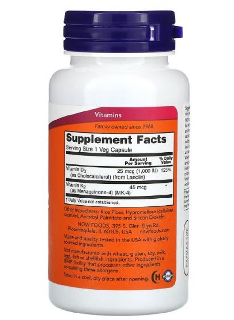 now vitamin d3 & k2,1000 Iu / 45 Mcg, 120 Veg Capsules - Image 2