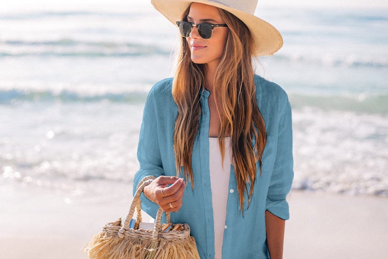 Zoye Chen Womenâ€™s Bikini Swimsuit Cover Up Button Down V Neck Shirts Long Sleeve Blouse Beachwear Bathing Suit (Lakeblue, Medium) - Image 5