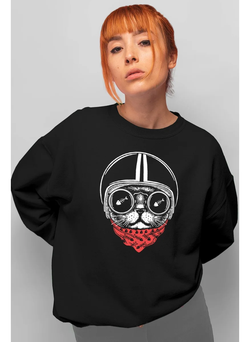 Rock&Roll Helmet Cat Black Oversize Crew Neck Thick Women's Sweatshirt