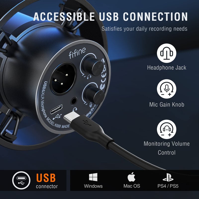 FIFINE ميكروفون ديناميكي من FIFINE، ميكروفون تسجيل بودكاست XLR/USB لجهاز الكمبيوتر لصوت الغناء والبث المباشر، ميكروفون معدني استوديو مع كتم الصوت، مدخل سماعة، تحكم في مستوى الصوت، واقي ريح - Amplitank K688 - Image 5