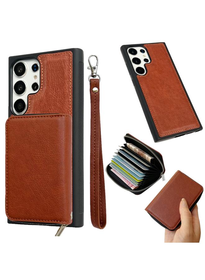 اس-توب جراب لهاتف Samsung Galaxy S21 Ultra 5G بلون سادة مع سحاب و11 فتحة للبطاقات وحقيبة هاتف مع حبل - Image 1