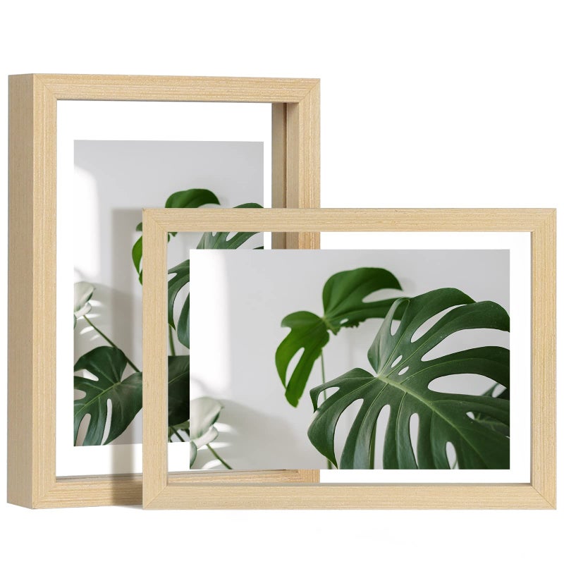 Egofine 5x7 Floating Frames Set of 2 Double Plexiglass Picture Frame Made of Solid Wood Display Any Size Photo up to 5x7 Wall Mount or Tabletop Standing Natural Wood