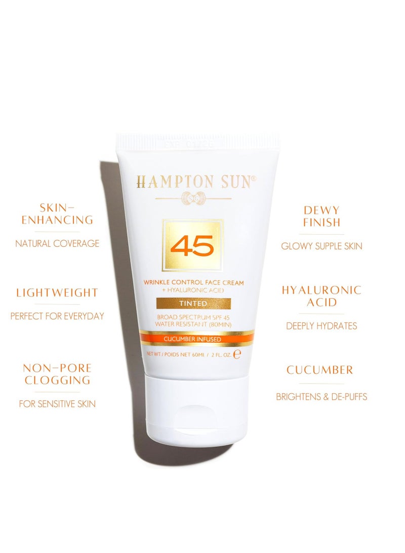 Hampton Sun SPF 45 Tinted Wrinkle Control Face Cream. Daily Moisturizer + Sunscreen. Light, Blendable Coverage. Dewy, Glowy Finish. Hyaluronic Acid + Organic Cucumber Extract Plumps + Brightens - Image 3