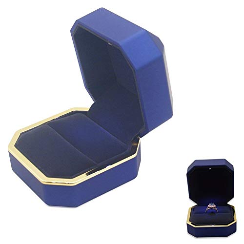 AVESON Luxury Ring Box, Square Velvet Wedding Ring Case Jewelry Gift Box with LED Light for Proposal Engagement Wedding, Blue - Image 1
