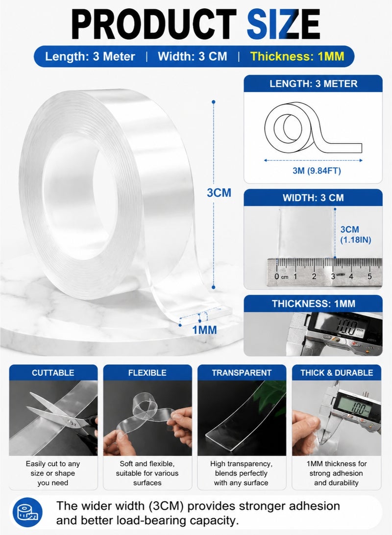 Joybos 3M x 3CM Reusable Nano Double Sided Tape | Strong Washable Transparent Gel Mounting Adhesive Tape | Heavy Duty No Drill Wall Sticky Tape for Home, Office & Car - Image 5