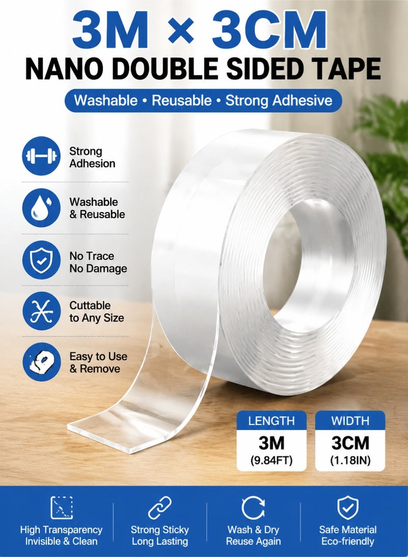 Joybos 3M x 3CM Reusable Nano Double Sided Tape | Strong Washable Transparent Gel Mounting Adhesive Tape | Heavy Duty No Drill Wall Sticky Tape for Home, Office & Car - Image 1