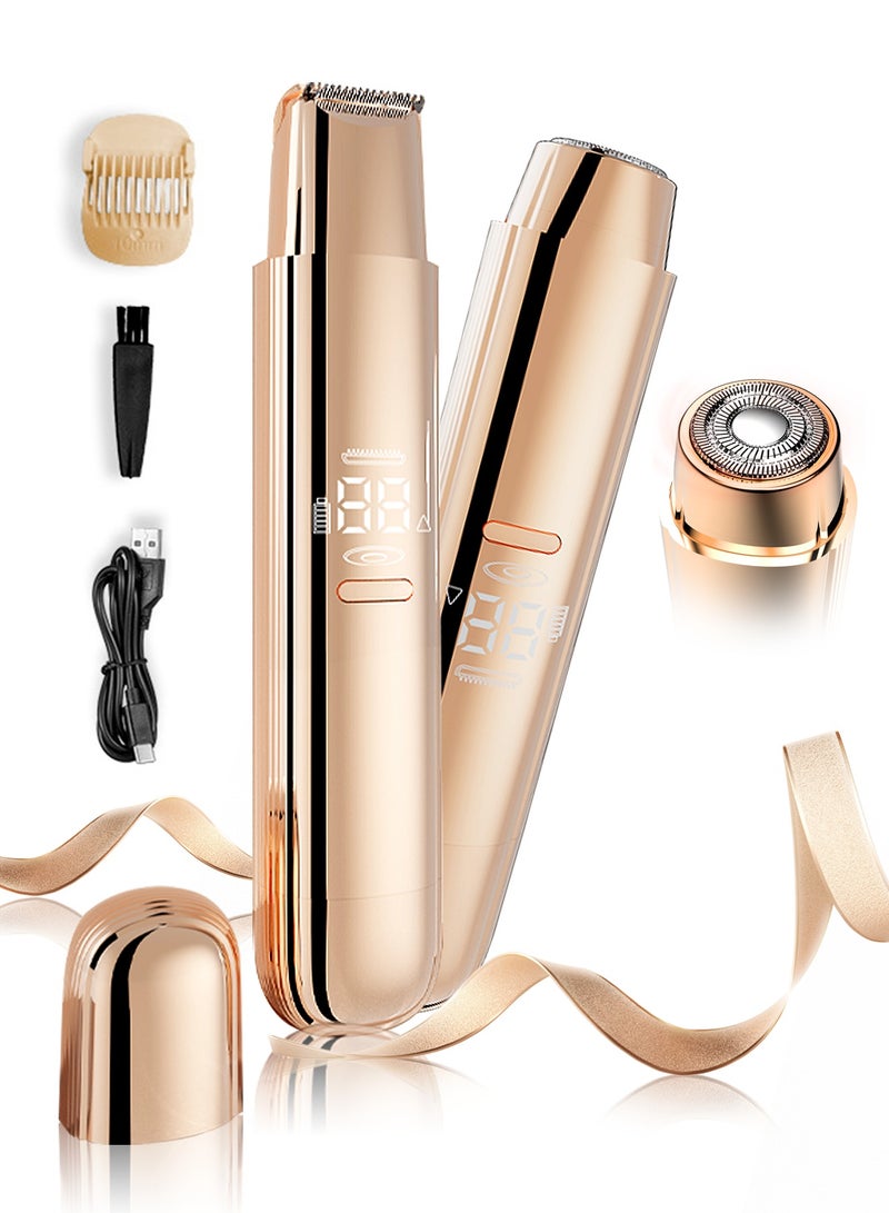 Kidoh 2 in 1 Women Electric Shaver Dual Head Bikini Trimmer for Women IPX7 Waterproof Wet & Dry Use Body Hair Trimmer and Facial Hair Remover for Bikini, Underarm, Leg, Arm, Body, Face, Gold