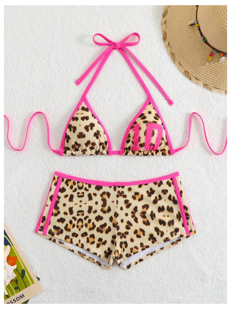 MakeMeChic Women's Polka Dots Triangle Bikini Sets Swim Shorts Y2K Leopard Striped Bathing Suit Swimsuit Yellow Brown Small - Image 4