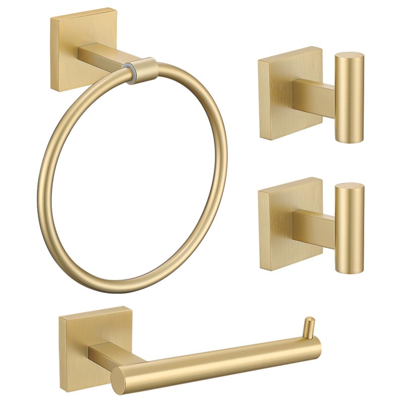 Lairuier Towel Ring Set 4 Piece Bathroom Hardware Set Includes Towel Ring 2 Towel Hooks and Toilet Paper Holder Stainless Steel Wall Mounted Brushed Gold - Image 2