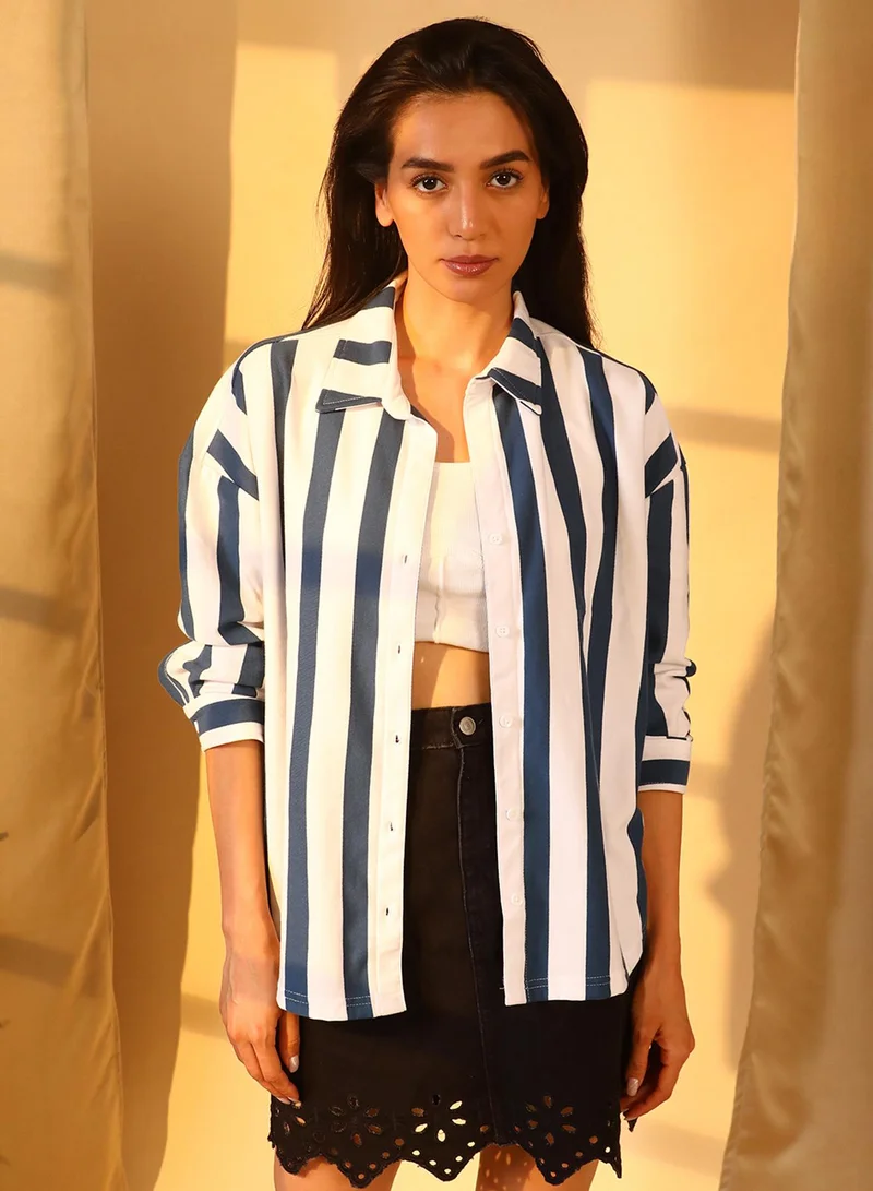 بينيا كولادا Women's Aegean Blue & Chalk White Candy Striped Boyfriend Shirt For Casual Wear | Spread Collar | Long Sleeve | Button Closure | Shirt Crafted With Comfort Fit For Everyday Wear
