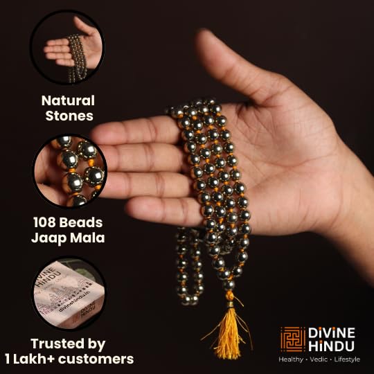 Divine Hindu Golden Pyrite Stone Necklace | 108 Beads Mala | Healing Crystal Japa Mala for Wealth, Confidence, Protection, Meditation, Chakra Balancing, Yoga, Spiritual Energy | For Men & Women - Image 4