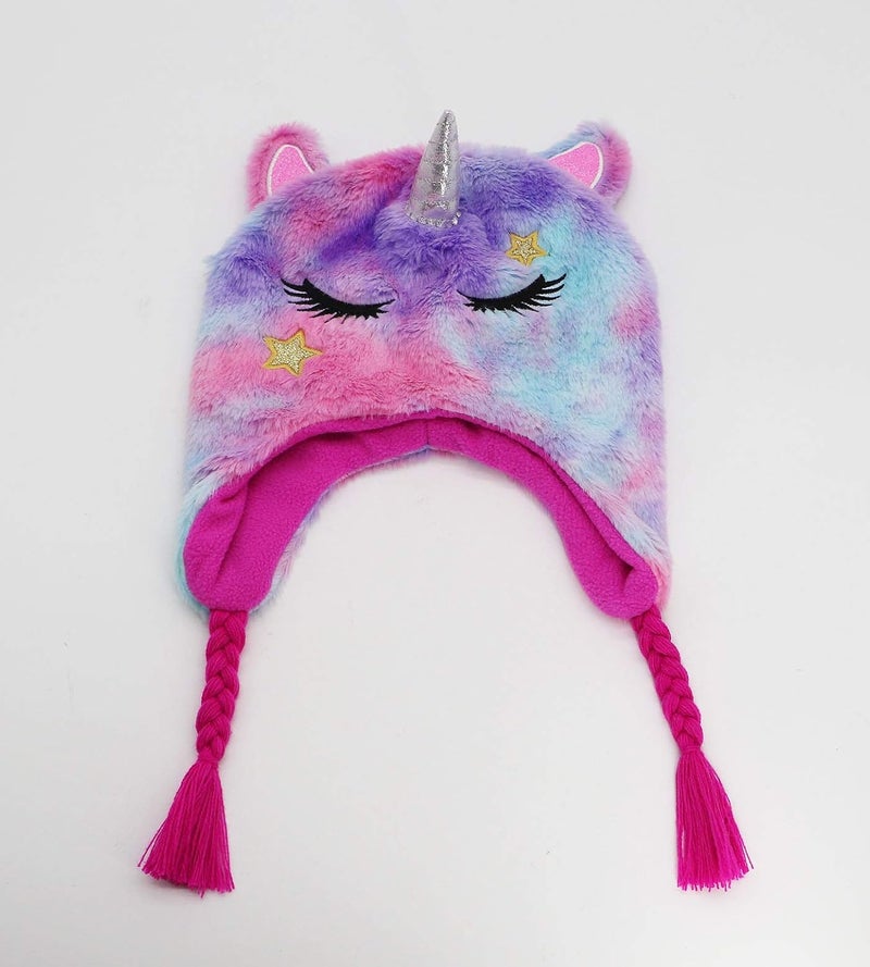 Newfancy Kids Little Girls Unicorn Beanie Winter Hat Rainbow Faux Fur Plush Fleece Lined Earflap Cap - Image 2