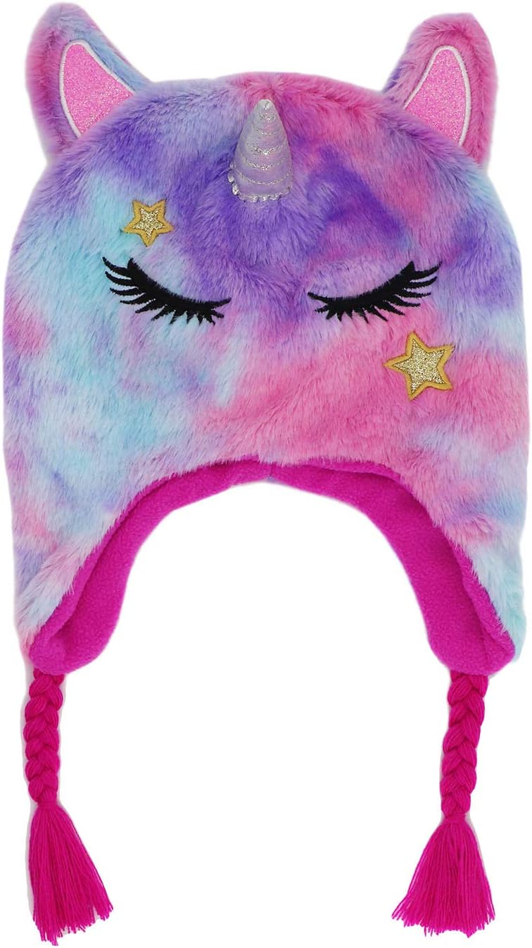 Newfancy Kids Little Girls Unicorn Beanie Winter Hat Rainbow Faux Fur Plush Fleece Lined Earflap Cap - Image 1