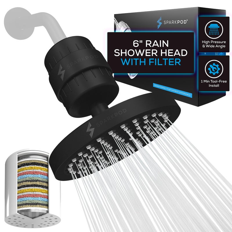 SparkPod Luxury Filtered Shower Head Set 23 Stage Shower Filter Reduces Chlorine and Heavy Metals High Pressure Showerhead Filter 6 Round Midnight Black Matte - Image 2