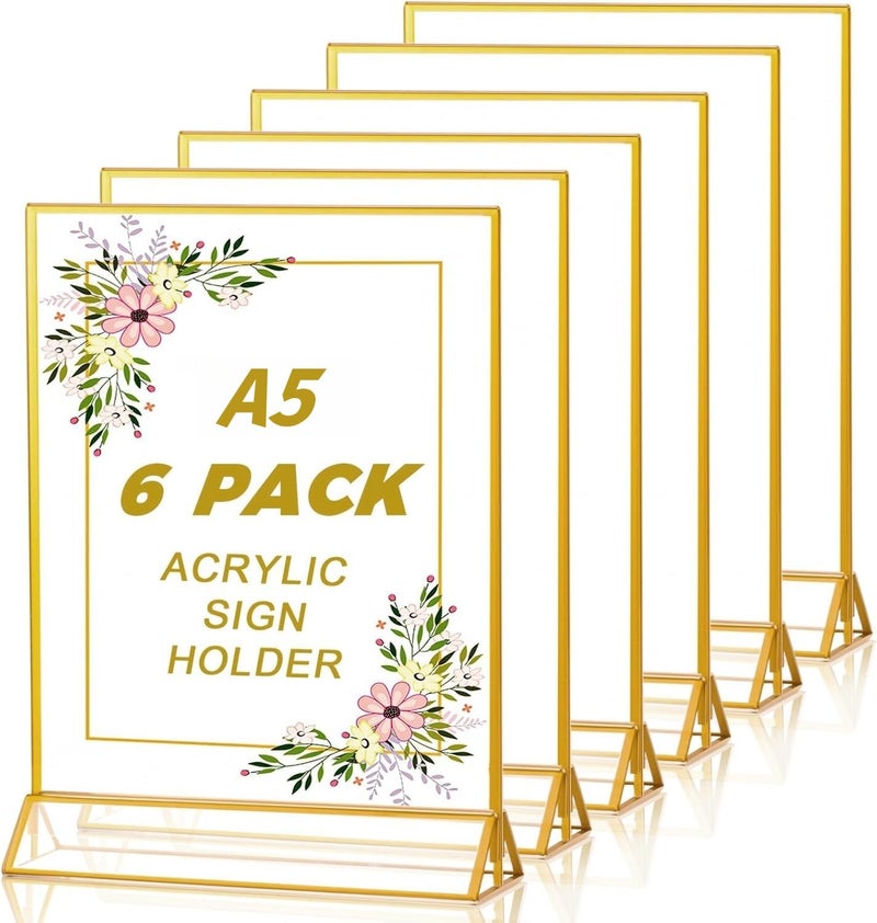 LATERN 6Pcs A5 Clear Acrylic Sign Holder with Gold Border 15CM x 21CM Double Sided Table Menu Holders Picture Frames with Vertical Stand for Wedding Table Numbers Restaurant Signs Photos Display