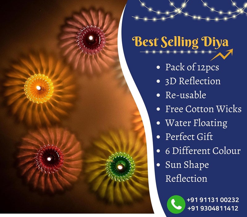Indian Karigar 12pcs Diwali Diyas Colourful 3D Reflection Diya For Decor Sun Shape Shadow Reflective Diyas Reusable Navratri Lights Multicolour - Image 4