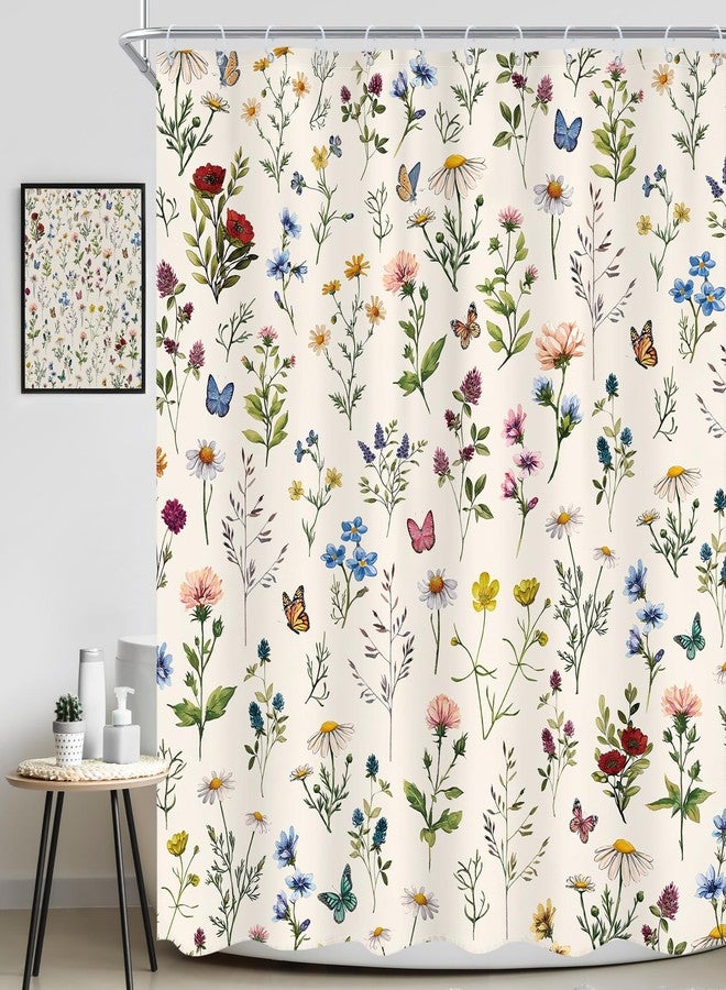 Ufeela Vintage Floral Shower Curtain 72Wx72L Inch Flowers Wildflower Plant Botanical Herbs Rustic Cottage Core Bathroom Set Whimsical Butterfly Woman Girls Bath Curtain Bathtub Accessories Home Decor - Image 2