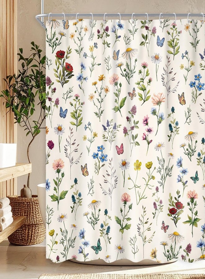 Ufeela Vintage Floral Shower Curtain 72Wx72L Inch Flowers Wildflower Plant Botanical Herbs Rustic Cottage Core Bathroom Set Whimsical Butterfly Woman Girls Bath Curtain Bathtub Accessories Home Decor - Image 1