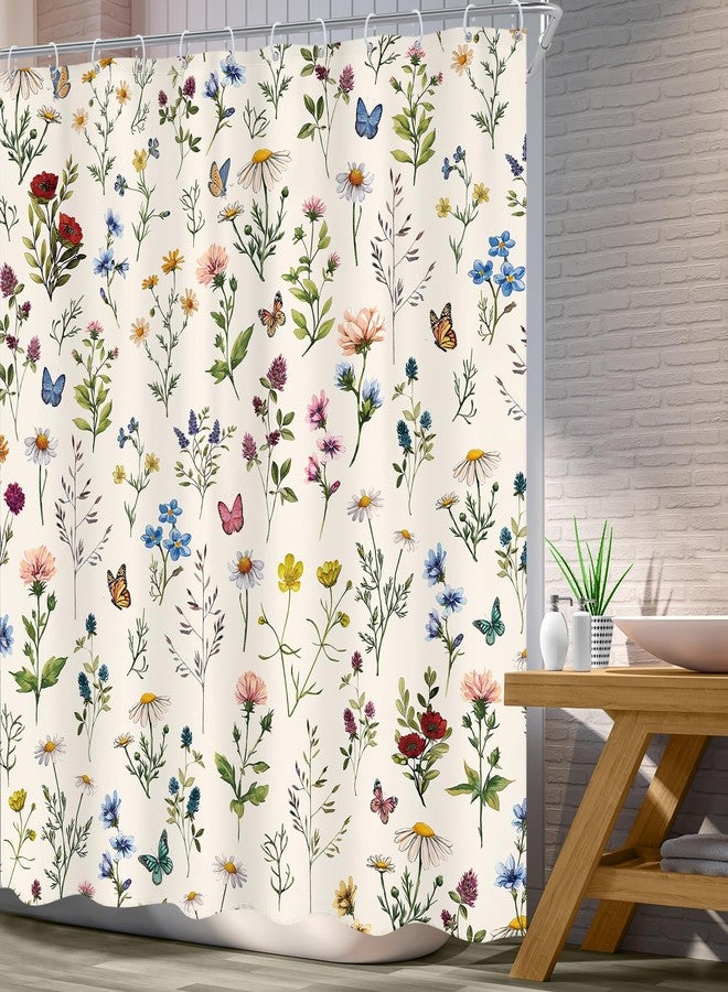 Ufeela Vintage Floral Shower Curtain 72Wx72L Inch Flowers Wildflower Plant Botanical Herbs Rustic Cottage Core Bathroom Set Whimsical Butterfly Woman Girls Bath Curtain Bathtub Accessories Home Decor - Image 3