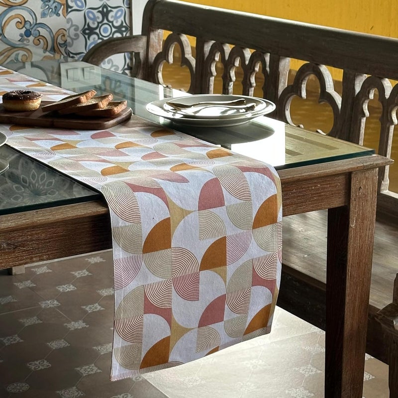 Oak Lily Table Runner 100 Cotton Premium European Quality 34x180 cm Ideal for 4 6 Seater Dining Center Tables Washable AntiSkid Modern Rust Mustard Abstract Geometric Print