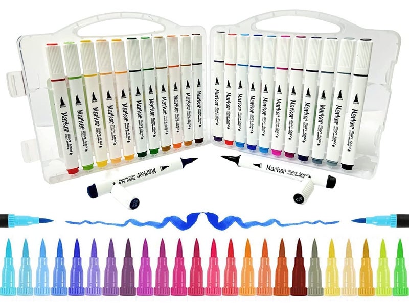 DEOXY 24 Color Shades Dual Tip Acrylic Brush Marker Pen Set for Kids Adult Coloring Drawing Planner Art Craft Supplies, Ink Color-Multicolor - Image 1