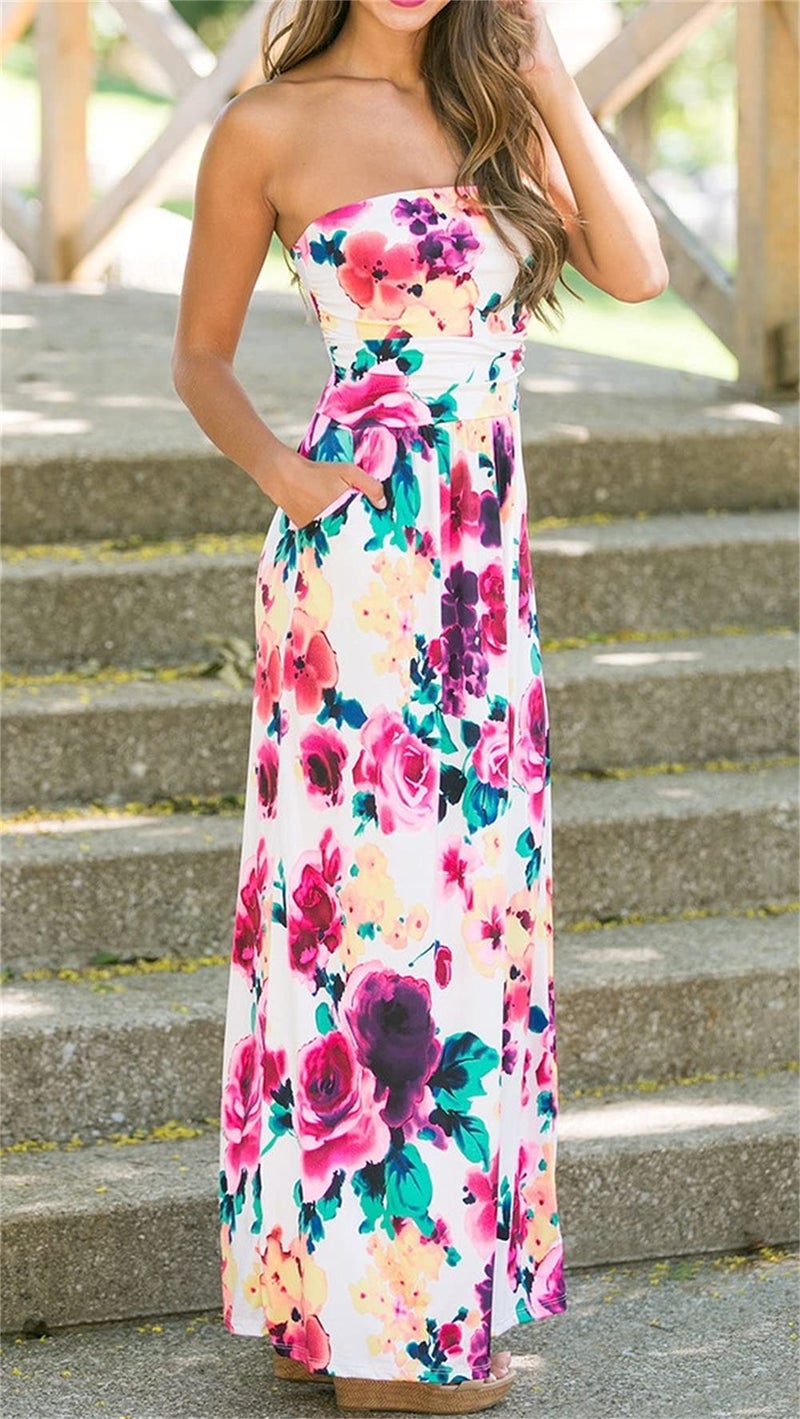 PRIMODA Womens Strapless Tube Top Maxi Dress Floral Boho Beach Dress with Pockets(L 8#Floral White) - Image 3