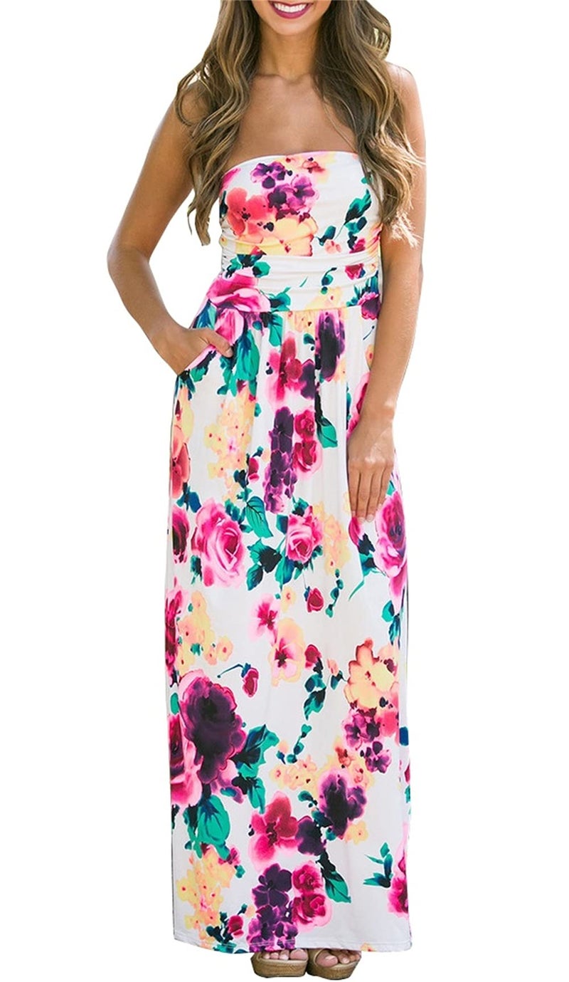 PRIMODA Womens Strapless Tube Top Maxi Dress Floral Boho Beach Dress with Pockets(L 8#Floral White) - Image 1