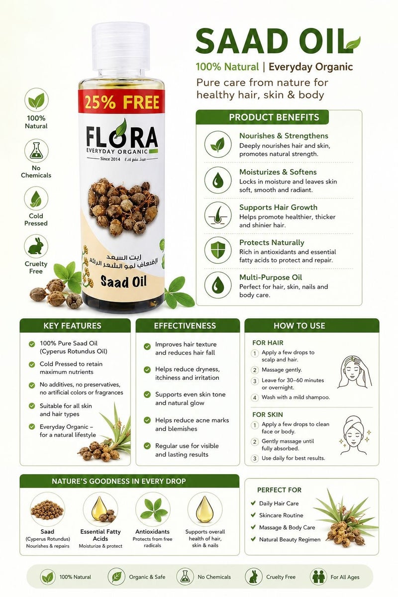 Flora Saad Oil to Weaken Excessive Hair Growth 100% Natural Cold Pressed Halal Essential Oil 125 ml - Image 2